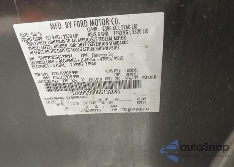 2016 Ford Taurus Se from USA, damaged, VIN 1FAHP2D80GG132094